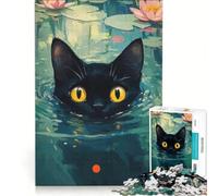 Puzzle da 1000 pezzi raffigurante un gatto nero in uno stagno di ninfee, un gioco rompicapo, una sfida impegnativa, ideale come regalo per tutta la famiglia 38x26cm