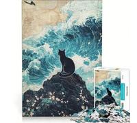 Puzzle da 1000 pezzi raffigurante un gatto nero su una roccia con onde, decorazione da parete, divertente antistress, ideale come regalo 38x52cm
