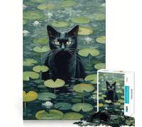 Puzzle da 1000 pezzi raffigurante un gatto nero tra le ninfee,con incastri precisi Gioco divertente e rilassante,ideale per momenti di svago e per decorare la casa durante il periodo natalizio 38x52cm