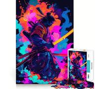 Puzzle da 1000 pezzi raffigurante un guerriero samurai al neon con katana, ideale per ragazzi, per allenare la mente, per attività artistiche in famiglia e come regalo creativo (38x52cm)