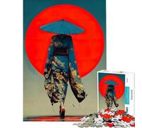 Puzzle da 1000 pezzi raffigurante un kimono giapponese con ombrello e sole rosso perfetto per compleanni e Natale Decorazione ideale per il fai da te Adatto a partire dai 14 anni (50x75cm)