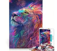 Puzzle da 1000 pezzi raffigurante un leone che guarda i fuochi d'artificio notturni un gioco impossibile con taglio di precisione e pezzi di forma casuale completamente ad incastro 38x26cm