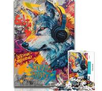 Puzzle da 1000 pezzi raffigurante un lupo con le cuffie, per adulti e adolescenti, sfida difficile contro lo stress, per migliorare l'amore tra coppie, 26x38cm