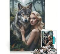 Puzzle da 1000 pezzi raffigurante un lupo grigio e una donna bionda nella foresta, gioco interattivo, regalo di compleanno, compleanno e Natale 38x26cm