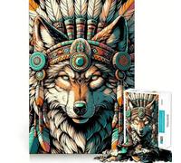 Puzzle da 1000 pezzi raffigurante un lupo nativo americano con copricapo, ideale per ragazzi Puzzle rilassante, artistico e di qualità, regalo perfetto (50x75cm)