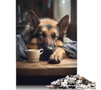 Puzzle da 1000 pezzi raffigurante un pastore tedesco, con cane e caffè, difficoltà elevata, gioco educativo, giocattolo, decorazione per la famiglia, 1000 pezzi (75x50 cm)