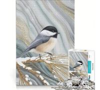 Puzzle da 1000 pezzi raffigurante una cinciallegra dalla testa nera su un ramo di pino innevato, gioco rompicapo, decorazione per la casa, con pezzi di forma casuale completamente ad incastro 38x26cm