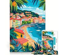 Puzzle da 1000 pezzi raffigurante una città costiera mediterranea con palme,un'illustrazione astratta e minimalista,un' dal taglio preciso,un gioco cognitivo divertente per il tempo libero