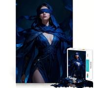 Puzzle da 1000 pezzi raffigurante una donna bendata con un abito blu con cappuccio,aderente e divertente,ideale per momenti di relax e svago,perfetto come decorazione natalizia 38x26cm