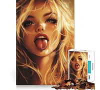 Puzzle da 1000 pezzi raffigurante una donna bionda con la lingua di fuori Gioco di precisione,stimola la mente,ideale per momenti di relax e come decorazione natalizia 50x75cm