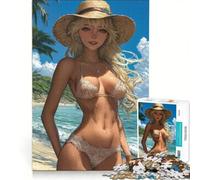 Puzzle da 1000 pezzi raffigurante una donna bionda in bikini sulla spiaggia, decorazione da parete, regalo di compleanno, compleanno e Natale 50x75cm