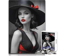 Puzzle da 1000 pezzi raffigurante una donna con cappello nero e vestito rosso,per adolescenti,gioco di apprendimento del pensiero strategico, significativo per qualsiasi evento 38x52cm