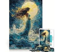Puzzle da 1000 pezzi raffigurante una donna in abito blu sotto la luna,ideale per adolescenti Gioco di abilità,taglio laser per un incastro perfetto,momento di tranquillità ed esercizio