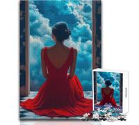 Puzzle da 1000 pezzi raffigurante una donna in abito rosso che guarda le nuvole Un modo rilassante per riempire il tempo libero Giocattolo da gioco con taglio preciso e uniforme Dimensioni: 38x52cm