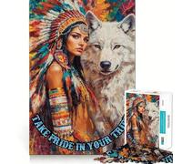 Puzzle da 1000 pezzi raffigurante una donna nativa americana e un lupo, per adulti Gioco di logica e divertimento, con bordi lisci Regalo perfetto (38x26cm)