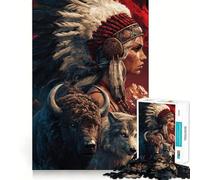 Puzzle da 1000 pezzi raffigurante una donna nativa americana un bisonte e un lupo ideale per adolescenti per rafforzare la memoria per il tempo libero a casa con bordi puliti e un regalo prezioso