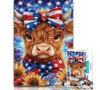 Puzzle da 1000 pezzi raffigurante una mucca delle Highlands con bandiera americana per adulti, gioco stimolante e gioco per famiglie, ideale come regalo per tutta la famiglia (75x50cm)