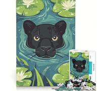 Puzzle da 1000 pezzi raffigurante una Pantera Nera in uno stagno di ninfee, gioco rompicapo, decorazione per la casa, con pezzi di forma casuale completamente ad incastro 38x52cm
