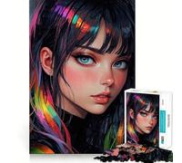Puzzle da 1000 pezzi raffigurante una ragazza anime con i capelli arcobaleno,con bordi sottili,ideale per attività creative,svago e come regalo di compleanno 38x26cm