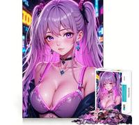 Puzzle da 1000 pezzi raffigurante una ragazza anime con i capelli viola,con bordi sottili,ideale per attività creative,svago e come regalo di compleanno 38x52cm
