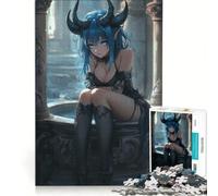 Puzzle da 1000 pezzi raffigurante una ragazza demone dai capelli blu seduta, un gioco per tutta la famiglia, divertente e spiritoso, compleanno e Natale 38x26cm
