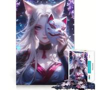 Puzzle da 1000 pezzi raffigurante una ragazza Kitsune mistica che guarda in alto, un'opera d'arte di facile lettura per adulti (38x26cm) Un gioco rilassante e divertente