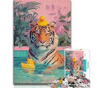 Puzzle da 1000 pezzi raffigurante una tigre che fa il bagno regalo per adulti con poster abbinato e foglio di quiz per bambini dai 14 anni in su (50x75cm)