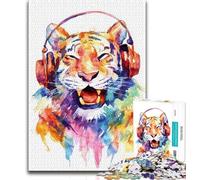Puzzle da 1000 pezzi raffigurante una tigre con le cuffie per adolescenti sfida difficile contro lo stress per rafforzare l'amore tra coppie (26x38cm)