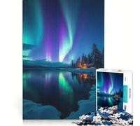 Puzzle da 1000 pezzi raffigurante un'aurora boreale su una baita sul lago, un gioco rompicapo, ideale come regalo di compleanno, con pezzi di forma casuale completamente ad incastro 38x52cm