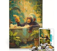 Puzzle da 1000 pezzi raffigurante uno scimpanzé nella vasca da bagno con da bere, gioco rompicapo, decorazione per la casa, con pezzi di forma casuale completamente ad incastro 50x75cm