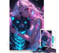 Puzzle da 1000 pezzi "Ragazza al neon con pantera" per adulti, gioco di logica, ideale per rafforzare i legami familiari, con bordo premium e una piacevole sorpresa (50x75cm)