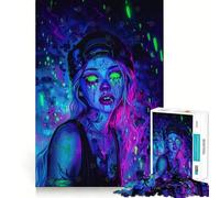 Puzzle da 1000 pezzi "Ragazza al neon con tatuaggi e cappellino" per adolescenti, gioco di logica, attività per la casa, bordi precisi, lista dei desideri di Babbo Natale (50x75cm)