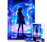 Puzzle da 1000 pezzi "Ragazza anime sotto la pioggia al neon" per adolescenti,divertente da giocare,con incastri precisi e senza spazi vuoti,ideale per una serata in famiglia (38x52cm)