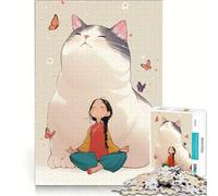Puzzle da 1000 pezzi: Ragazza in meditazione con un gatto gigante, gioco pratico, interazione genitore-figlio, collezione d'artista, opera d'arte 38x52cm