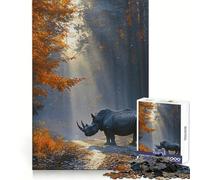 Puzzle da 1000 pezzi "Rinoceronte nella foresta autunnale" per adulti e ragazzi Ricorda, costruisci lentamente, divertiti, ritaglio preciso, opera d'arte da collezione (38x26cm)