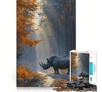 Puzzle da 1000 pezzi "Rinoceronte nella foresta autunnale" per adulti e ragazzi Ricorda, costruisci lentamente, divertiti, ritaglio preciso, opera d'arte da collezione (38x26cm)