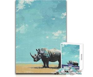 Puzzle da 1000 pezzi - Rinoceronte sotto un cielo azzurro, tranquillo, piacevole, divertente, per il tempo libero, stretto, senza cuciture, di precisione, dimensioni del giocattolo: 50x75cm