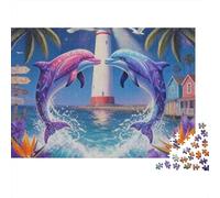 Puzzle da 1000 pezzi "Scena d'amore con delfini", faro e cuore. Per adulti dai 12 anni in su. Gioco educativo, bellissima decorazione, ideale come regalo di compleanno. Dimensioni: 52x38 cm.