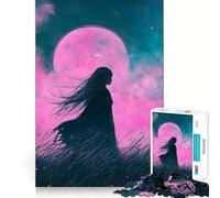 Puzzle da 1000 pezzi Silhouette sotto la luna rosa per adulti, gioco di puzzle, gioco di logica, calma e relax, decorazione murale 38x26cm