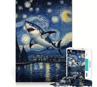 Puzzle da 1000 pezzi Squalo nella notte stellata per adulti, gioco di logica puro, divertimento rilassante, tagli netti, 38x52cm