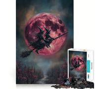 Puzzle da 1000 pezzi "Streghe che volano su una scopa con luna rossa" per adulti,gioco di memoria divertente,taglio esperto,attività di gruppo rilassante da fare in casa (38x26cm)