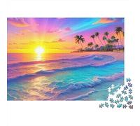 Puzzle da 1000 pezzi "Sunset Beach Paradise" con tramonto sull'oceano tropicale e onde, ideale per giochi educativi per adulti, decorazione per la casa, regalo di compleanno. Dimensioni: 52x38 cm.