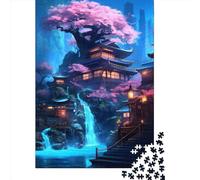 Puzzle da 1000 pezzi, Tempio della cascata al neon, Puzzle quadrati creativi per adulti e puzzle in legno, Gioco impegnativo, 1000 pezzi (75x50 cm)