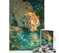 Puzzle da 1000 pezzi Tigre che beve acqua in un ambiente floreale Decorazione per la casa Giocattoli Ottimo regalo per giochi Gioco educativo Migliora l'amore tra coppie Dimensioni 38x52cm