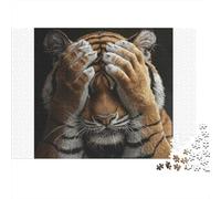 Puzzle da 1000 pezzi "Tigre con il volto coperto" con le mani che coprono il volto della tigre. Gioco educativo per adulti, decorazione per la casa, ideale come regalo di compleanno. 70x50 cm.