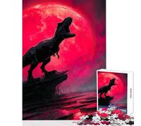 Puzzle da 1000 pezzi Tirannosauro Rex che ruggisce sotto la luna rossa giocattolo educativo ottimo regalo per giochi di famiglia con poster abbinato e foglio di quiz dimensioni 38x26cm