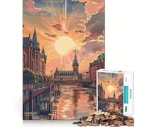 Puzzle da 1000 pezzi "Tramonto ad Amburgo, Germania" per adolescenti, ideale per migliorare la memoria e il tempo libero Pezzo unico con Babbo Natale 38x26cm