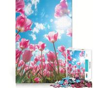 Puzzle da 1000 pezzi "Tulipani rosa contro cielo blu" per adolescenti, gioco di logica e rilassamento, con bordi sottili, da collezione (50x75cm)