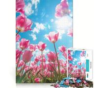 Puzzle da 1000 pezzi "Tulipani rosa contro cielo blu" per ragazzi, stimola la memoria, ideale per il tempo libero a casa, per assemblare immagini e creare un regalo delizioso (38x52cm)