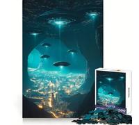 Puzzle da 1000 pezzi UFO sopra il paesaggio urbano - Esercizio di destrezza mentale, gioco leggero, incastro perfetto, (38x52cm)
